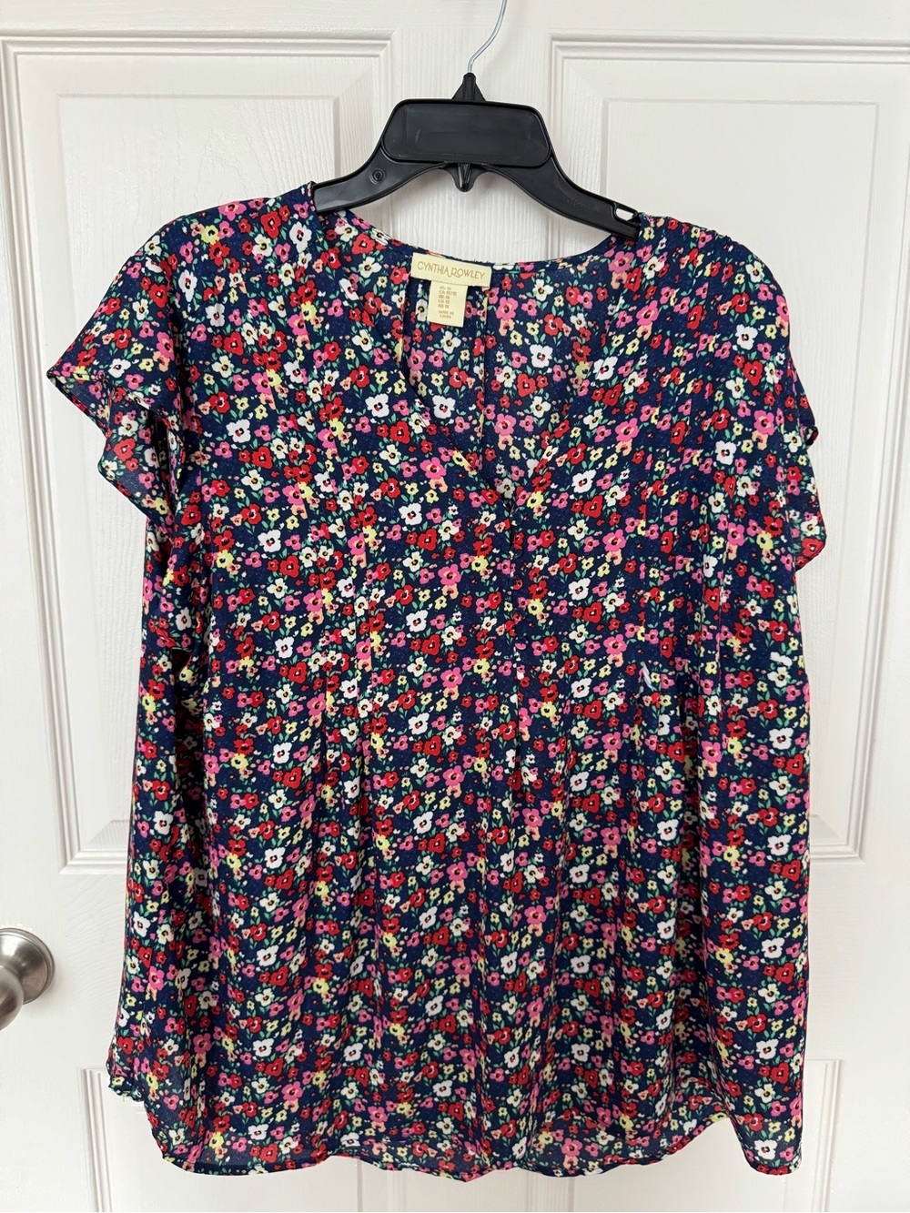 Cynthia Rowley Navy Floral Short-Sleeve Blouse with Color Accents